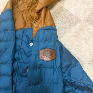 Cinch Teal and Mustard Colorblock Puffer Jacket with Leather Logo Patch